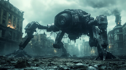 futuristic dystopian landscape with a giant spider robot