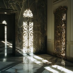 Sticker - A room with a large mirror and a window