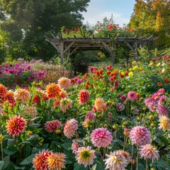 Poster - A garden full of flowers with a wooden archway in the middle