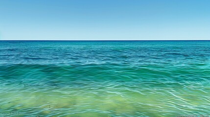 Calm ocean scene with clear blue and green water under a bright blue sky.