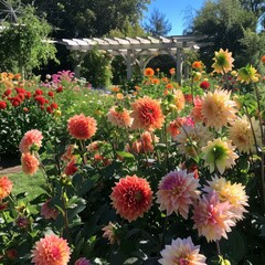 Poster - A garden full of flowers with a white archway in the background