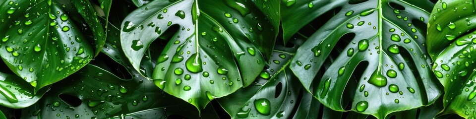 Large Leaves: Monstera Pinnatipartita, Siam Monstera with Hollow Veins, Rainy Day in Garden