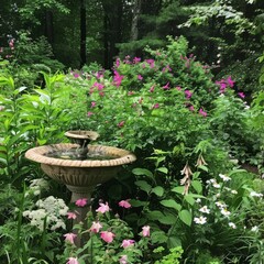 Poster - A small fountain sits in a garden with pink flowers