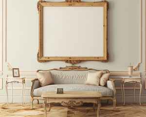 an image of an empty rectangular oakwood frame in a living room setting with soft pastel walls. The room is furnished with a coffee table and a couch, all in a French provincial style.