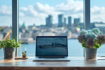 Wall Mural - A serene workspace with an open laptop displaying a scenic cityscape, flanked by vibrant potted plants against a backdrop of a bright city skyline through a large window