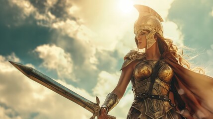 Beautiful warrior woman holding a sword wearing steel armor against sky, Fantasy fashion, concept of goddess, success, bless, wisdom, Greek goddess, war, peace, love.