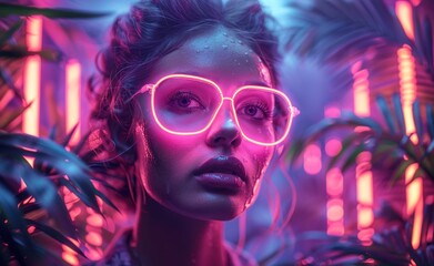 Neon frame glasses on attractive woman with tropical leaves, purple neon light, pink glow, neon poster, dark background, neon tropical frame, glowing purple light.