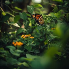 Poster - A butterfly is sitting on a flower in a lush green field