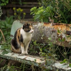 Wall Mural - A cat is sitting on a bench in a garden