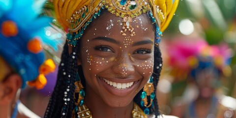 A vibrant celebration featuring a woman adorned in colorful traditional attire, with intricate jewelry, smiling amidst a lively carnival atmosphere