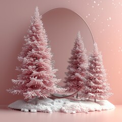 Two pastel pink Christmas trees stand before an oval mirror on a pink background, their minimalist design complemented by a layer of snow beneath them. Holiday season. New Year. Celebration.