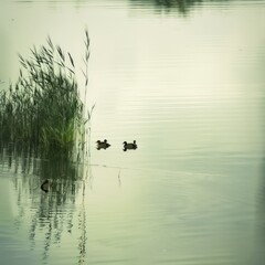 Poster - Two ducks are swimming in a pond with tall grass