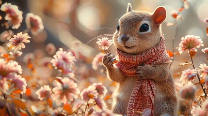 Squirrel with flowers saying thanks, 3D image on white background