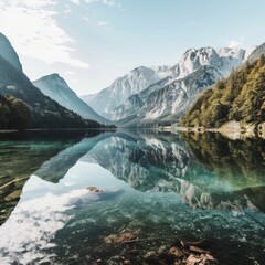 Canvas Print - A beautiful mountain lake with a clear blue water reflecting the mountains