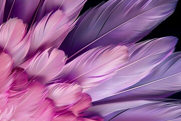 Wall Mural - closeup of purple and white feather pattern with pink center on black background abstract nature photography