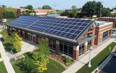 A municipal building with a solar panel array on the roof, showcasing the citys commitment to sustainability