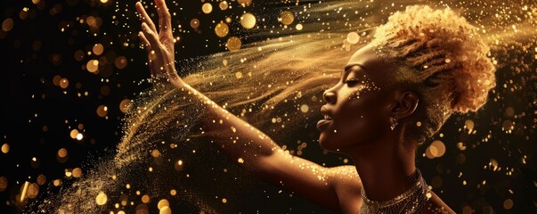 Beautiful african woman with golden jewelry and hair, she is surrounded by swirling gold dust on black background