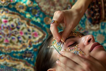 Wall Mural - Delicate Facial Acupressure Treatment in a Richly Decorated Spa Room - Wellness and Relaxation Concept