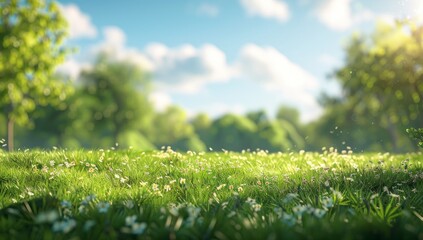 Wall Mural - Beautiful blurred background of natural spring green grass meadow with trees and blue sky, on a sunny day. Banner space for advertising or text titles