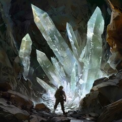 Canvas Print - A man stands in front of a large crystal formation