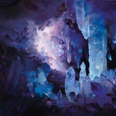 Sticker - A painting of a cave filled with blue crystals