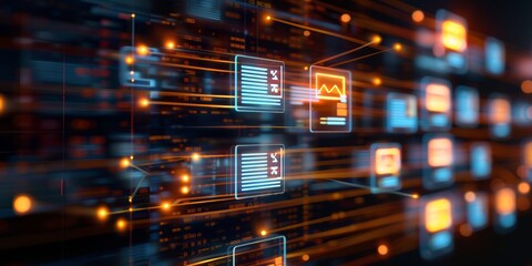 Leinwandbilder - Futuristic Digital Data Interface with Abstract Visuals, highlighting the innovation and modern technology of online networks and virtual connections, Generative AI