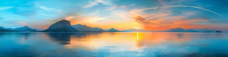 Wall Mural - Beautiful panoramic view of a colorful sunset over calm sea water with a mountain range in the background