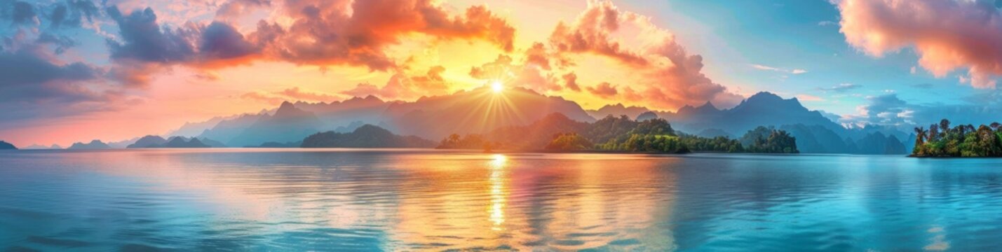 Beautiful panoramic view of a colorful sunset over calm sea water with a mountain range in the background