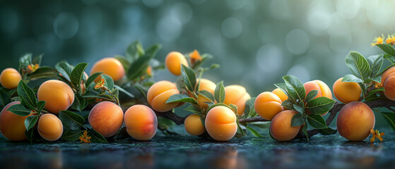 Wall Mural - Ripe apricots on the table on a green background.
