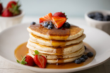 Sticker - pouring syrup on piled pancake with strawberries and bluberries