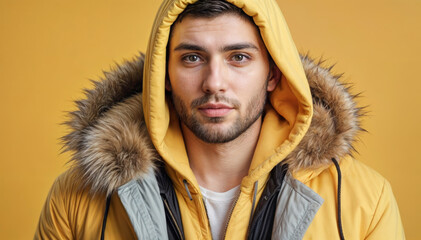 Wall Mural - Close-up portrait of a young handsome man wearing a bright orange twist.