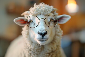 Wall Mural - a sheep wearing glasses with a cute face