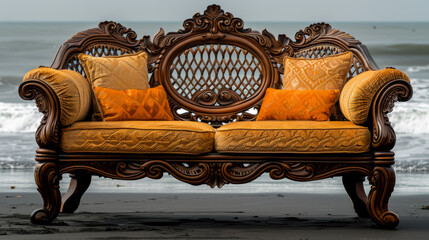 Handmade seat on the seashore. A beautiful sofa with a wooden set and bright orange upholstery. Furniture concept.