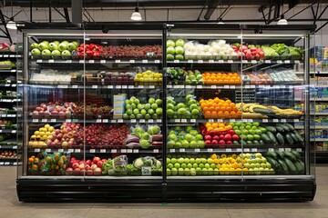 colorful display of fresh fruits and vegetables in refrigerated section of costco store