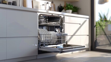 Front view of an open stainless steel built-in dishwasher.

