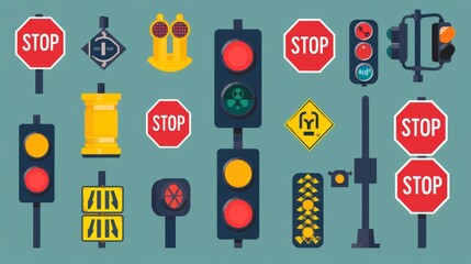 A vibrant illustration showcasing a variety of traffic control devices, including stop signs, traffic lights, and warning signals, arranged in a clean, graphic style.