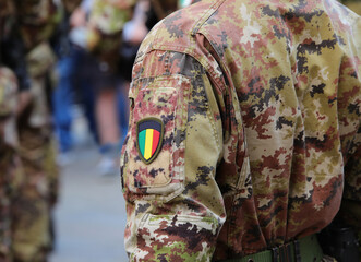 army soldier marching in parade wearing camouflage uniform and national flag insignia with green yellow and red colors