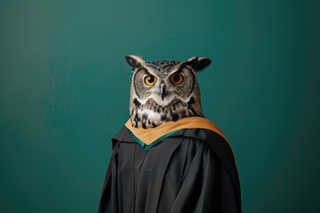 A photo of a wise-looking owl in a graduation gown, posing with one wing extended as if giving a speech, isolated on a solid green background, capturing the owl's authoritative presence.