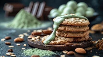 Wall Mural -   A cookie stack with green icing and nuts nearby