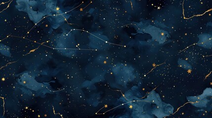 A vector seamless pattern in dark blue, featuring gold foil constellations, stars, and clouds.





