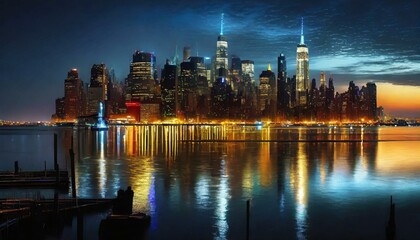 Poster - The enchanting glow of the city skyline reflected in the waters of the Hudson River at twilight, creating a breathtaking tableau of light and shadow.
