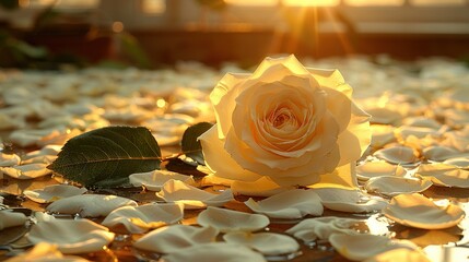 Wall Mural -   A lone white rose atop a sea of petals beneath the warm rays filtering through the window above