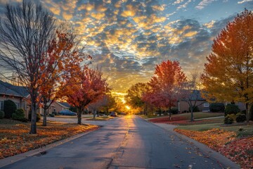 Autumn Street. Neighborhood Street with Fall Trees at Sunset in Bentonville Arkansas