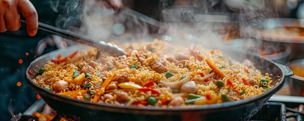 At the AAPI Heritage Month food festival, a chef showcases Asian cuisine at a food stall with copy space available