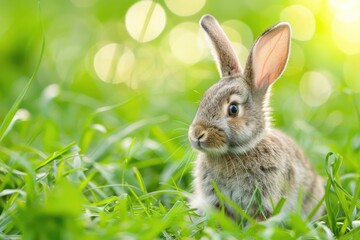 Spring Bunny. Cute Little Grey Bunny in a Garden, Looking Away with Warm Expression
