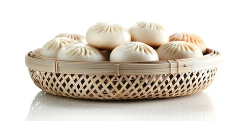 Wall Mural - Steamed custard bun in a bamboo basket on a white background. Concept Food Photography, Steamed Buns, Custard, Bamboo Basket, White Background