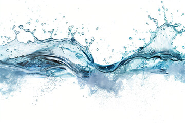 Blue water splash swirling with small bubbles on a white background, forming a wave-like liquid flow.

