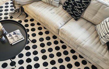 Black and white dot pattern carpet, soft color toned sofa combination