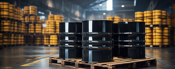 Wall Mural - Shiny black oil barrels arranged on wooden pallets inside a warehouse.