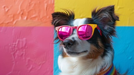 Cool Dog with Pink Sunglasses and Rainbow Collar